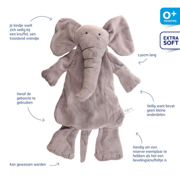 Soft elephant plush toy from Difrax, Elliot, perfect for cuddling and play, made of soft fabric for children.