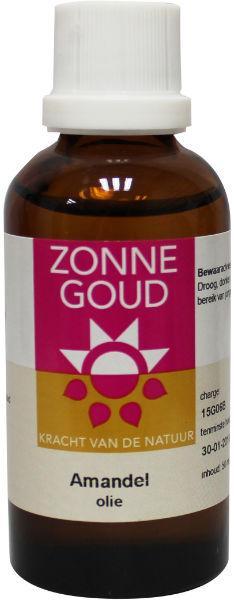 Zonnegoud Amandelolie zoet in 50ml bottle, natural body care product with almond oil for skin nourishment.