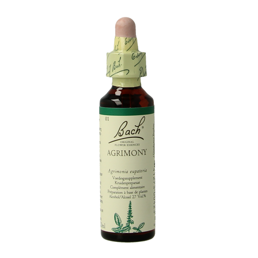 Bach Agrimony herbal remedy in a 20ml bottle, part of Bach's herbal preparations, with a dropper cap for easy use
