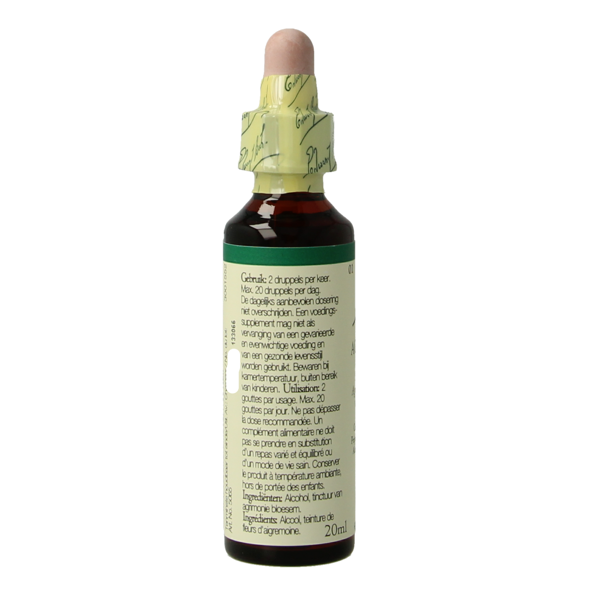 Bach Agrimony herbal remedy bottle, 20ml, part of Bach herbal preparations, with label showing product details and branding.