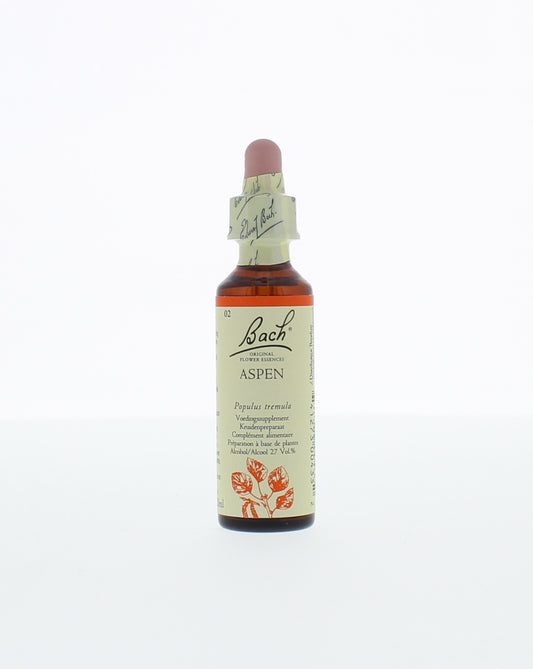 Bach Aspen herbal remedy in a 20ml bottle, part of Bach's herbal preparations for emotional well-being.