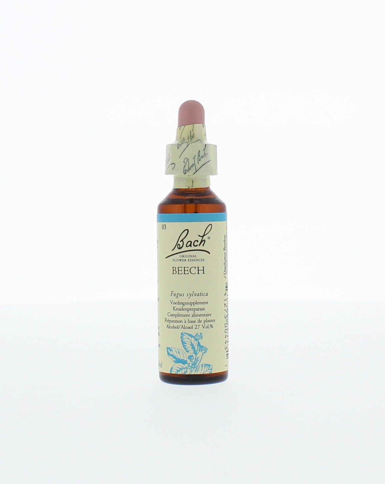 Bach Beech herbal remedy bottle with 20ml liquid in clear glass, label showing herbal preparation for emotional balance