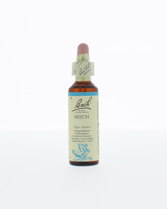Bach Beech herbal remedy bottle with 20ml liquid in clear glass, label showing herbal preparation for emotional balance