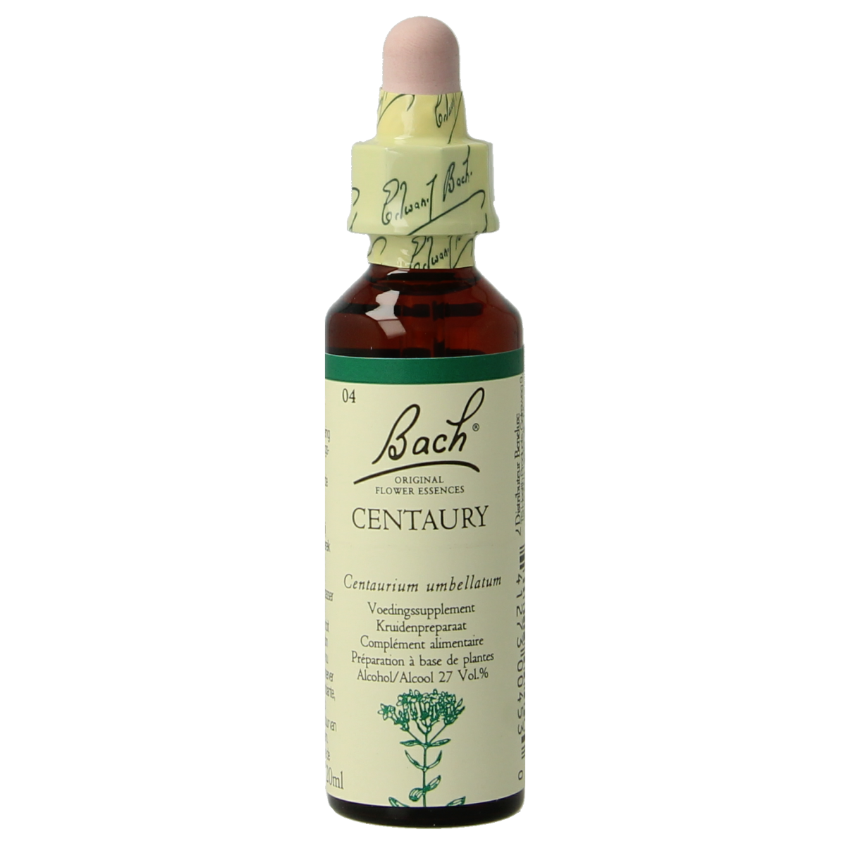 Bach Centaury herbal remedy bottle, 20ml, part of Bach kruidenpreparaten line, with label and dropper cap visible.