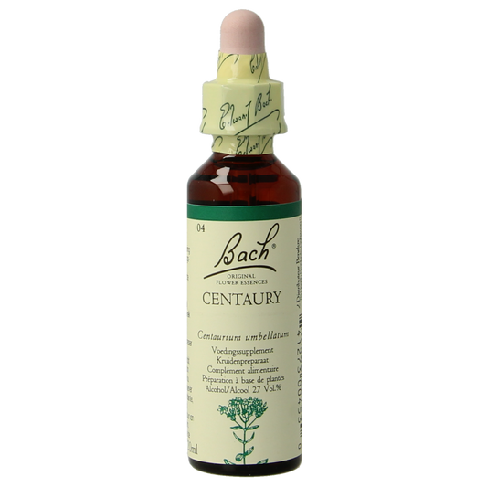 Bach Centaury herbal remedy bottle, 20ml, part of Bach kruidenpreparaten line, with label and dropper cap visible.