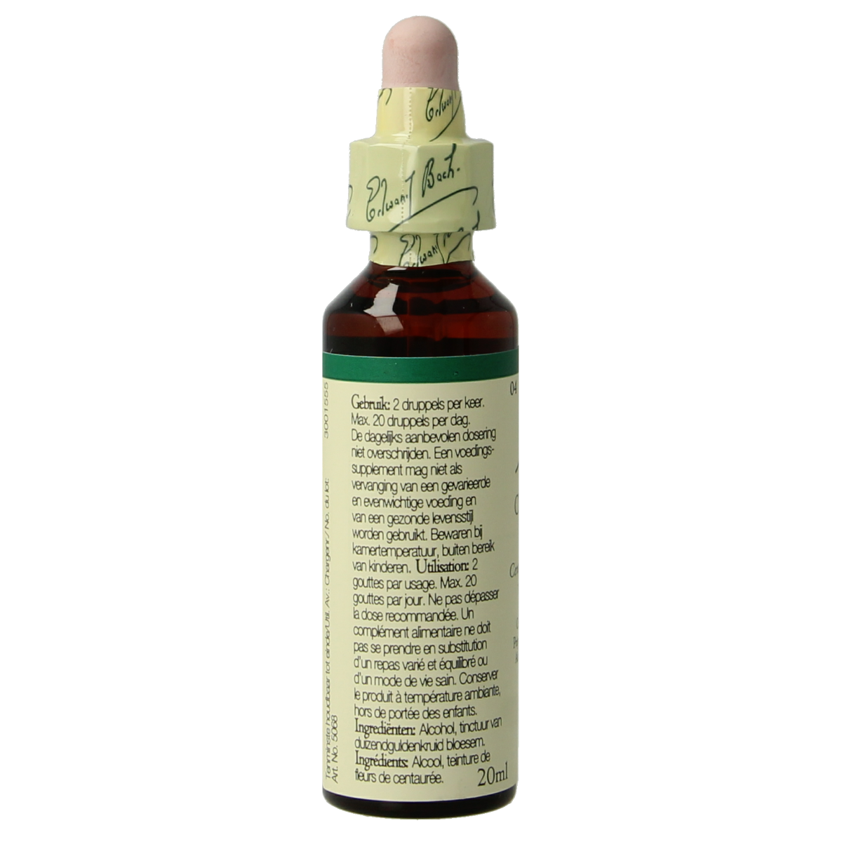 Bach Centaury herbal remedy in 20ml bottle, part of Bach herbal preparations, with label and dropper cap visible.