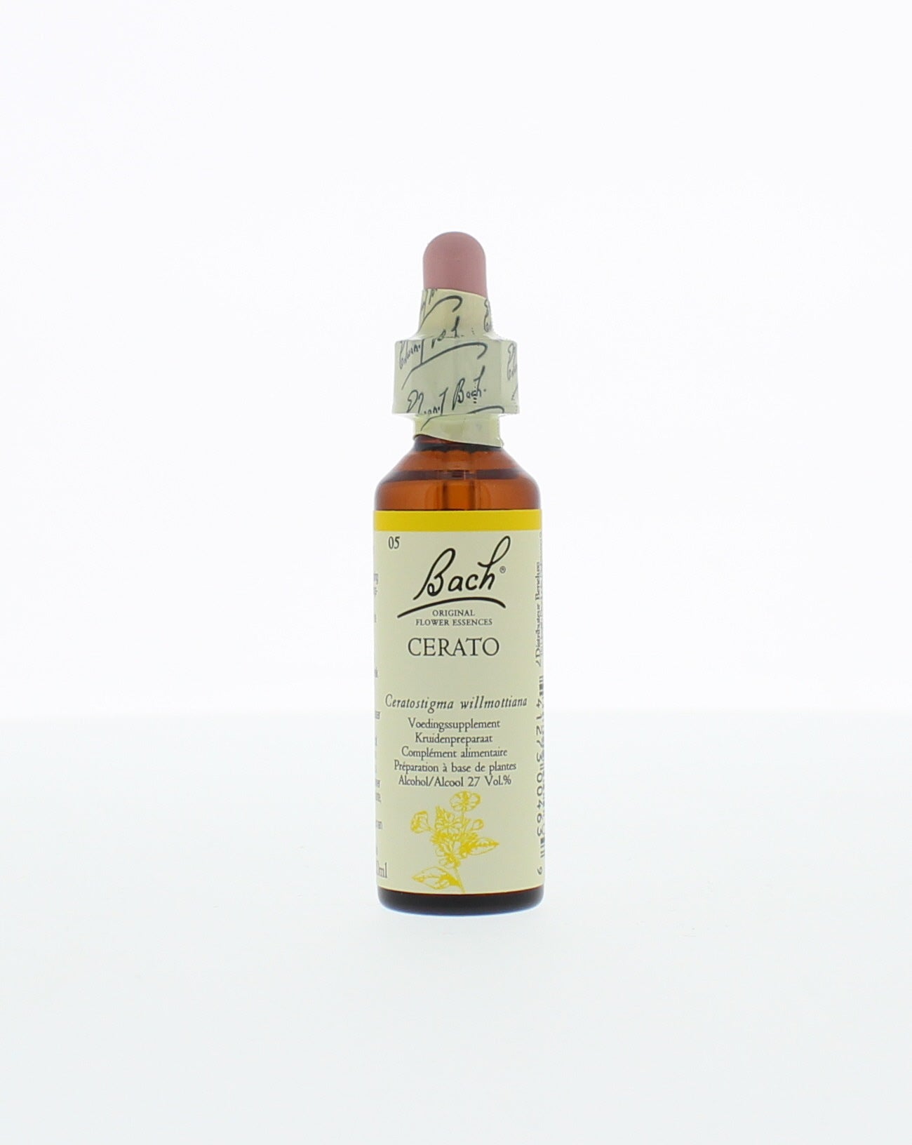 Bach Cerato herbal preparation in a 20ml bottle, featuring herbal ingredients and product label with brand and dosage details.