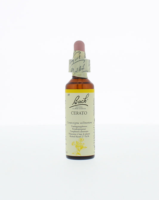 Bach Cerato herbal preparation in a 20ml bottle, featuring herbal ingredients and product label with brand and dosage details.