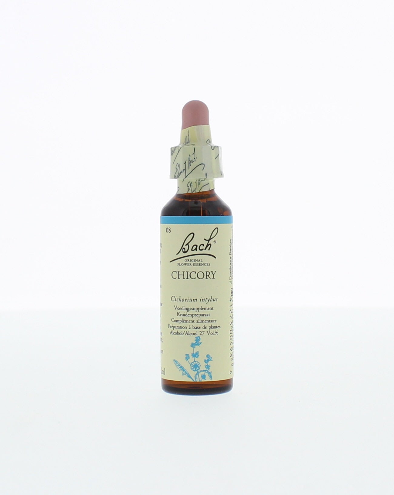 Bach Chicory herbal preparation in a 20ml bottle, part of Bach's herbal remedies collection, with a label showing product details.