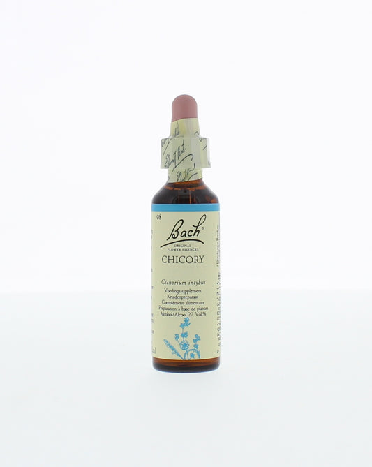 Bach Chicory herbal preparation in a 20ml bottle, part of Bach's herbal remedies collection, with a label showing product details.