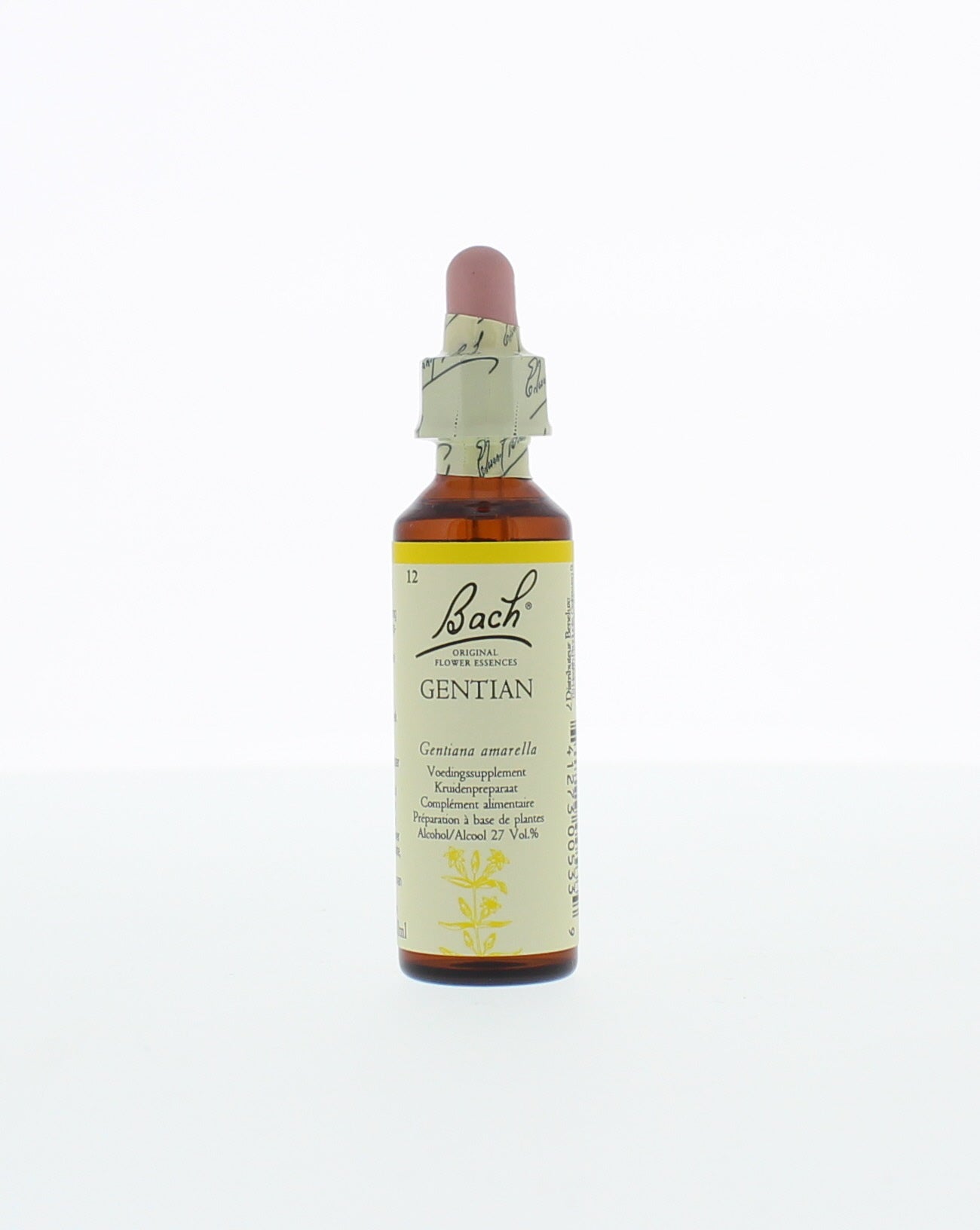 Bach Gentian herbal remedy bottle with green label and dropper cap, 20ml, part of Bach herbal preparations.