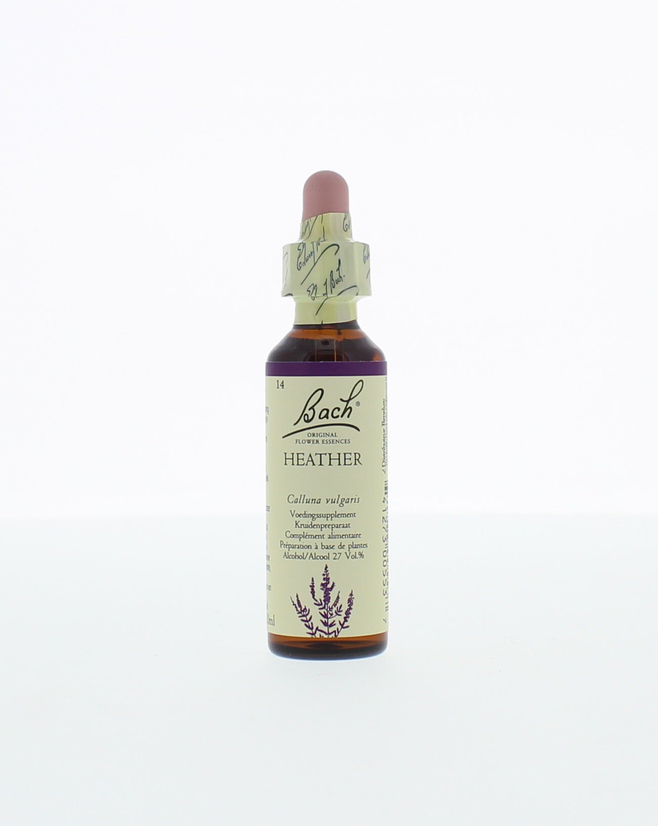 Bach Heather herbal remedy bottle, 20ml, in clear packaging, displaying the herbal preparation for calming and focus.