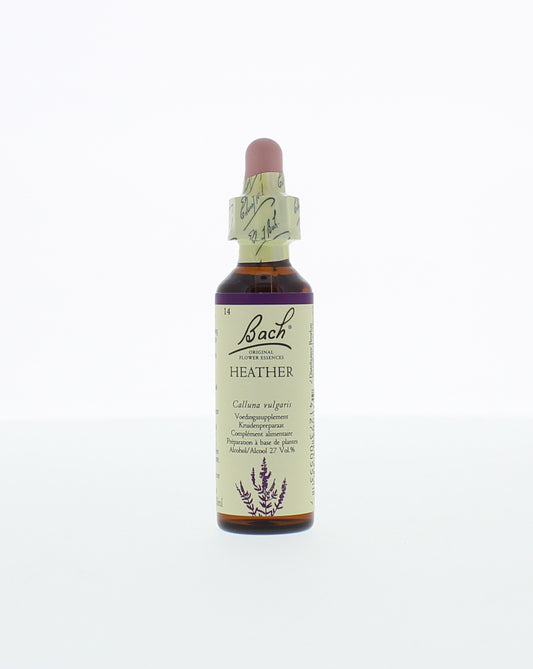 Bach Heather herbal remedy bottle, 20ml, in clear packaging, displaying the herbal preparation for calming and focus.