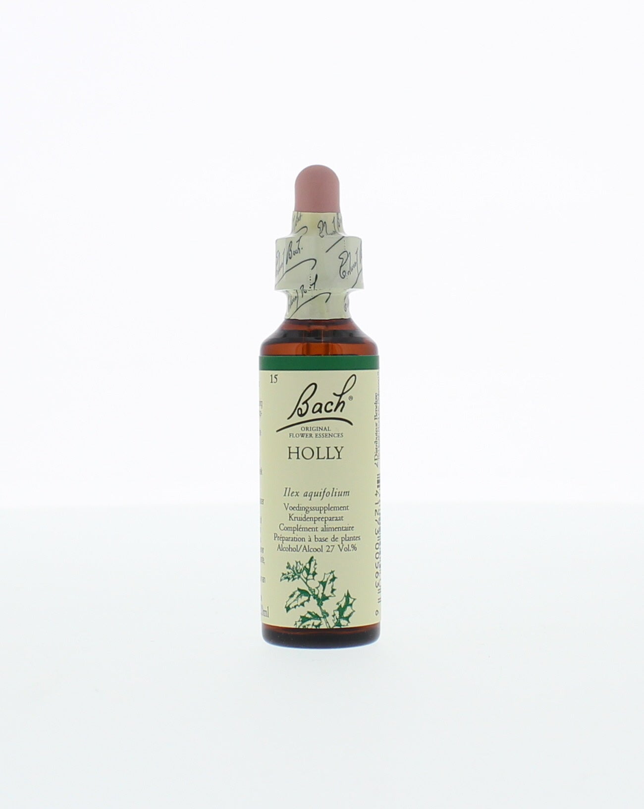 Bach Holly herbal preparation in 20ml bottle, featuring a dark glass container with a white cap, used for herbal remedies.