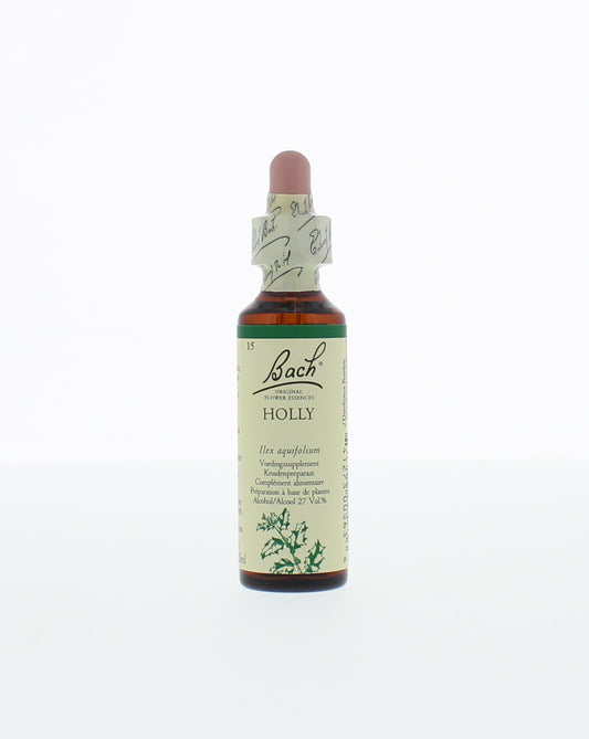 Bach Holly herbal preparation in 20ml bottle, featuring a dark glass container with a white cap, used for herbal remedies.