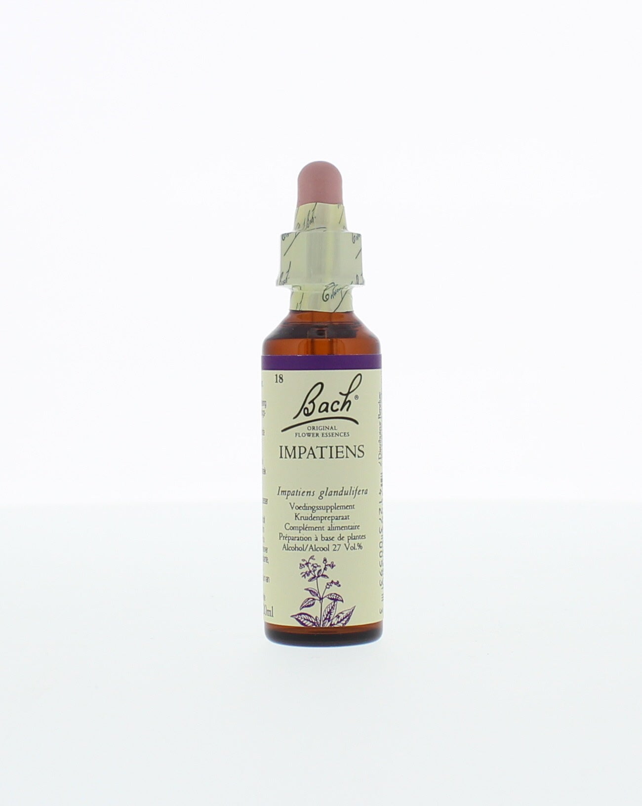 Bach Impatiens herbal preparation bottle with a white label and blue cap, 20ml, for emotional balance and stress relief.