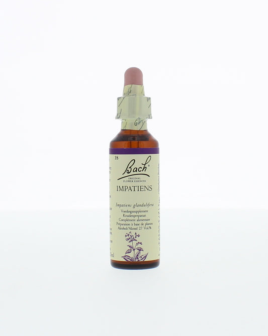 Bach Impatiens herbal preparation bottle with a white label and blue cap, 20ml, for emotional balance and stress relief.