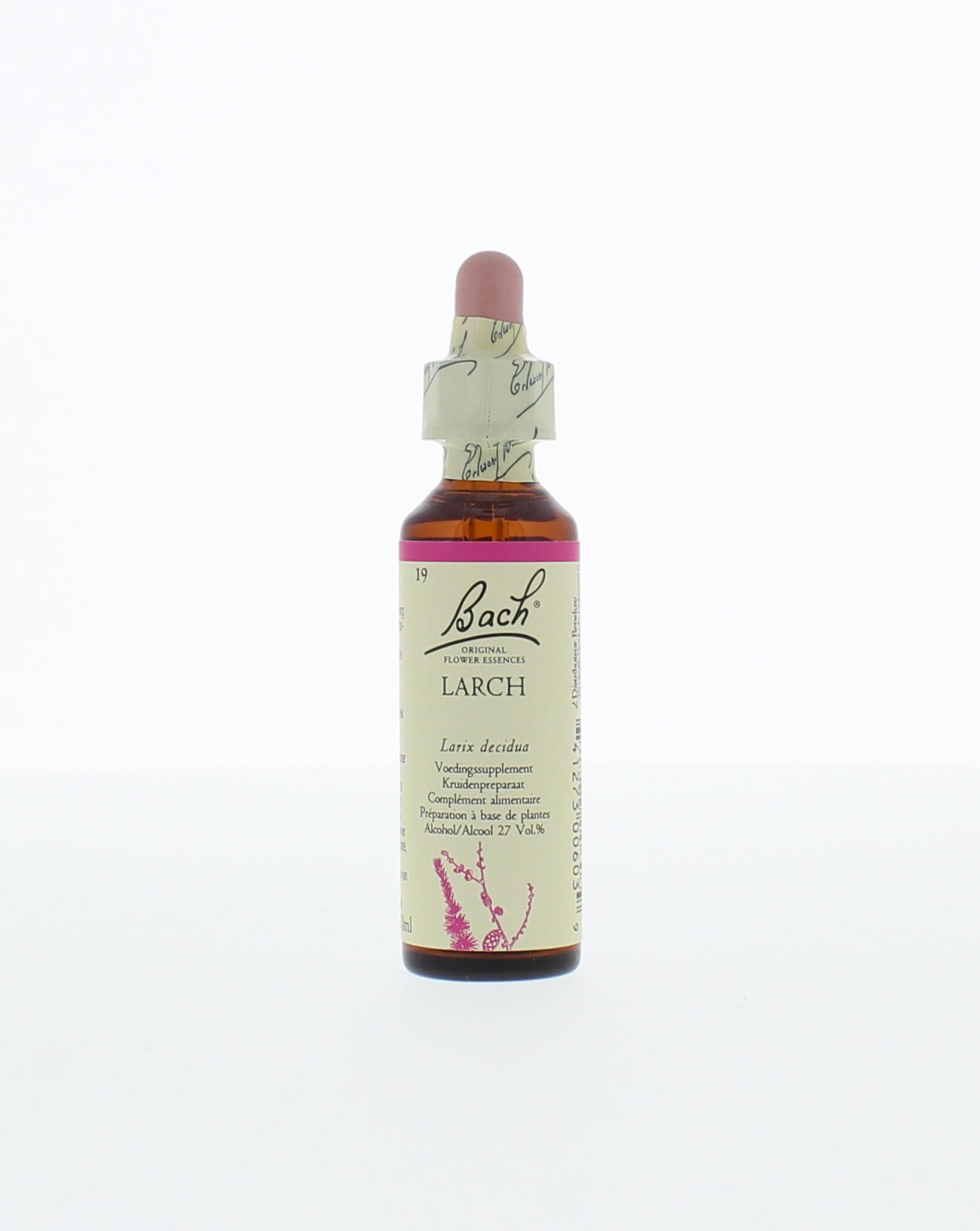 Bach Larch herbal preparation bottle with dropper, 20ml, in a clear glass container for herbal remedies.