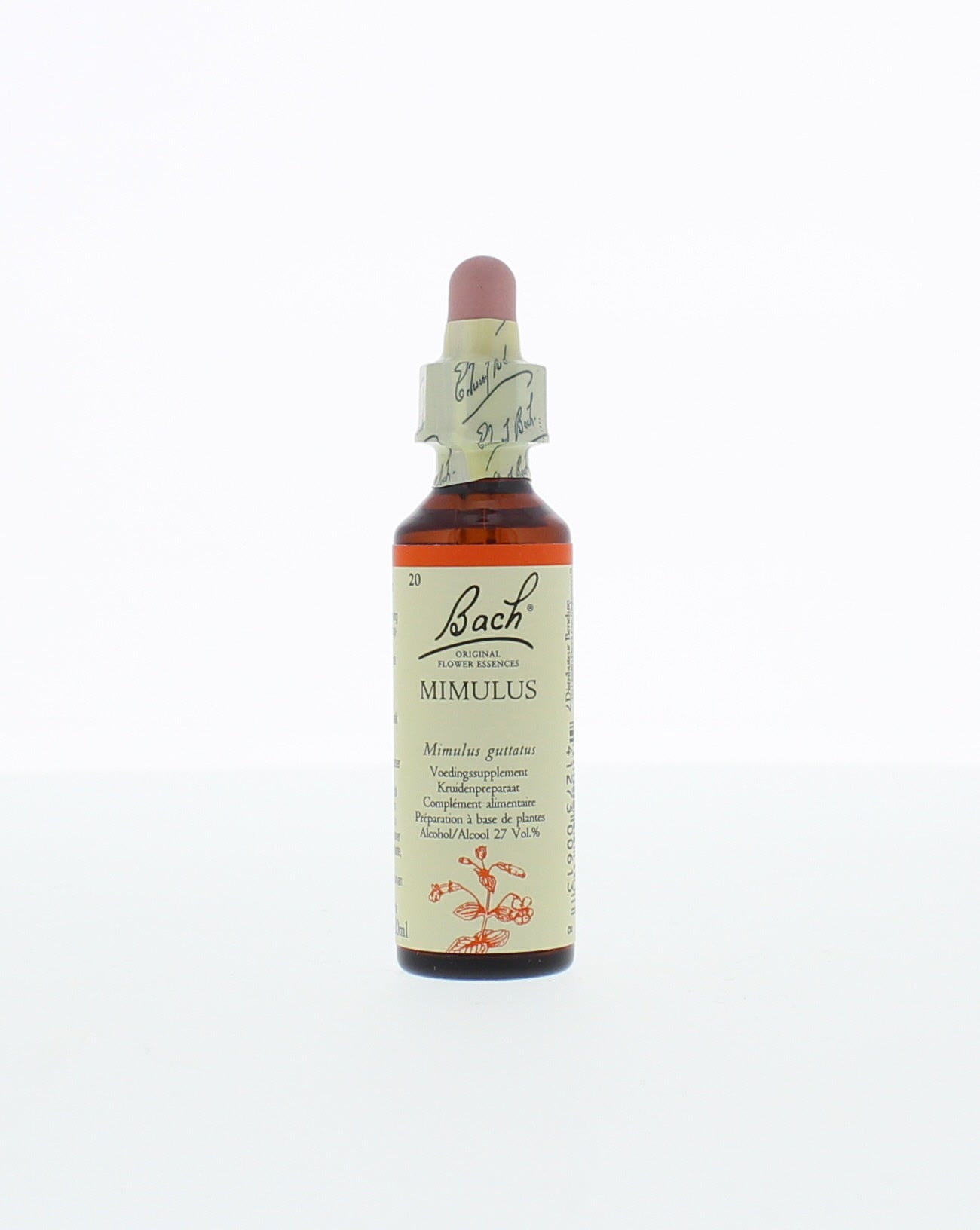 Bach Mimulus herbal remedy in a 20ml bottle, part of Bach's herbal preparations, with a label showing the product details.