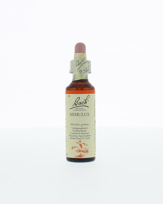 Bach Mimulus herbal remedy in a 20ml bottle, part of Bach's herbal preparations, with a label showing the product details.