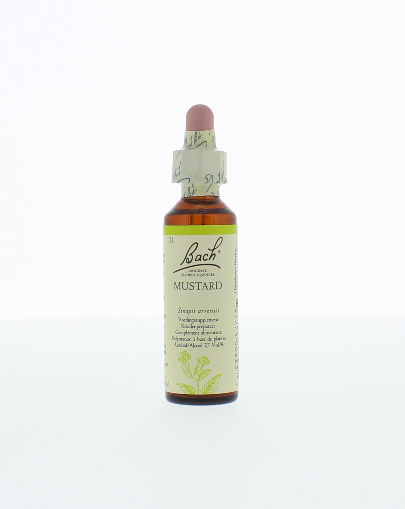 Bach Mustard herbal preparation bottle, 20ml, in a clear container with a yellow cap, used for natural herbal remedies.