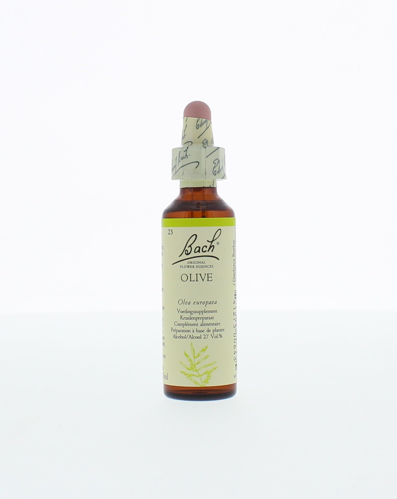 Bach Olive herbal preparation bottle with label, 20ml, in front of a white background.