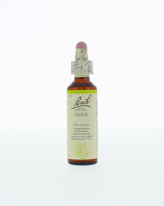 Bach Olive herbal preparation bottle with label, 20ml, in front of a white background.