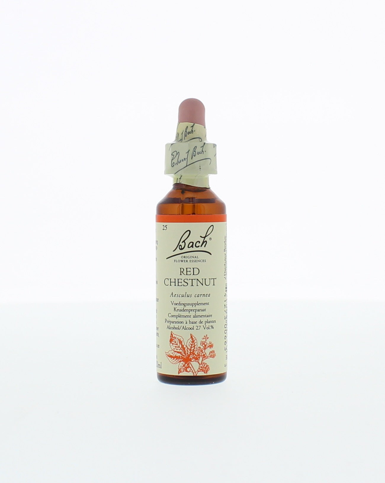Bach Red Chestnut herbal remedy in 20ml bottle, part of Bach's herbal preparations, with red chestnut flowers visible.