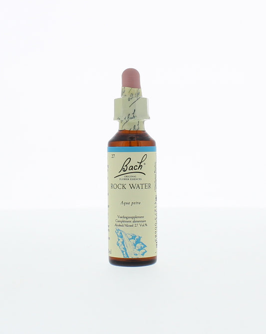 Bach Rock water herbal preparation in 20ml bottle, part of Bach herbal remedies collection, with label and dropper cap visible.