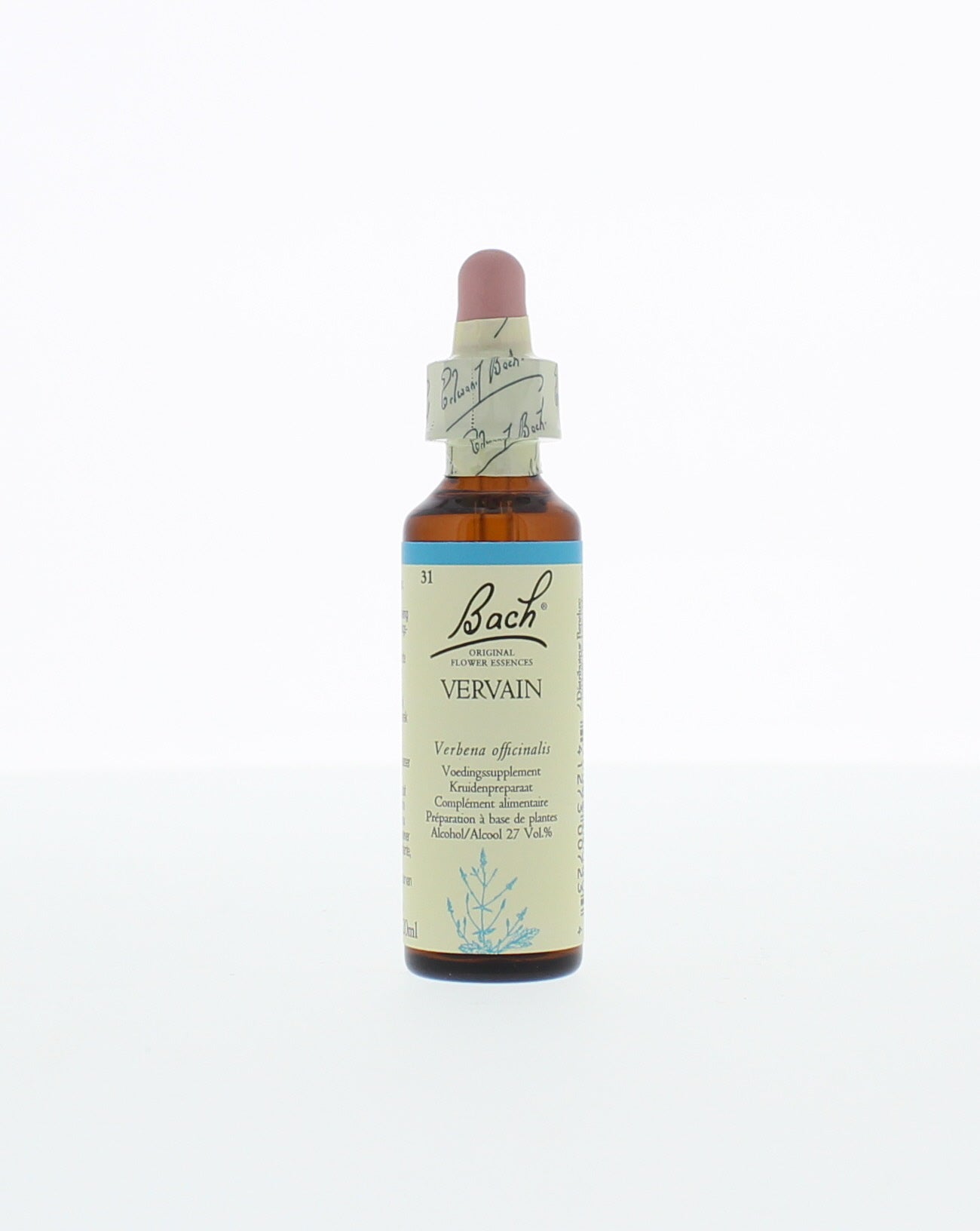 Bach Vervain herbal remedy in a 20ml bottle, part of Bach's herbal preparations, with a clear label and dropper cap.