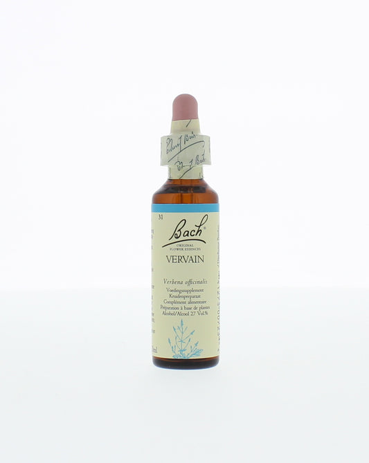 Bach Vervain herbal remedy in a 20ml bottle, part of Bach's herbal preparations, with a clear label and dropper cap.