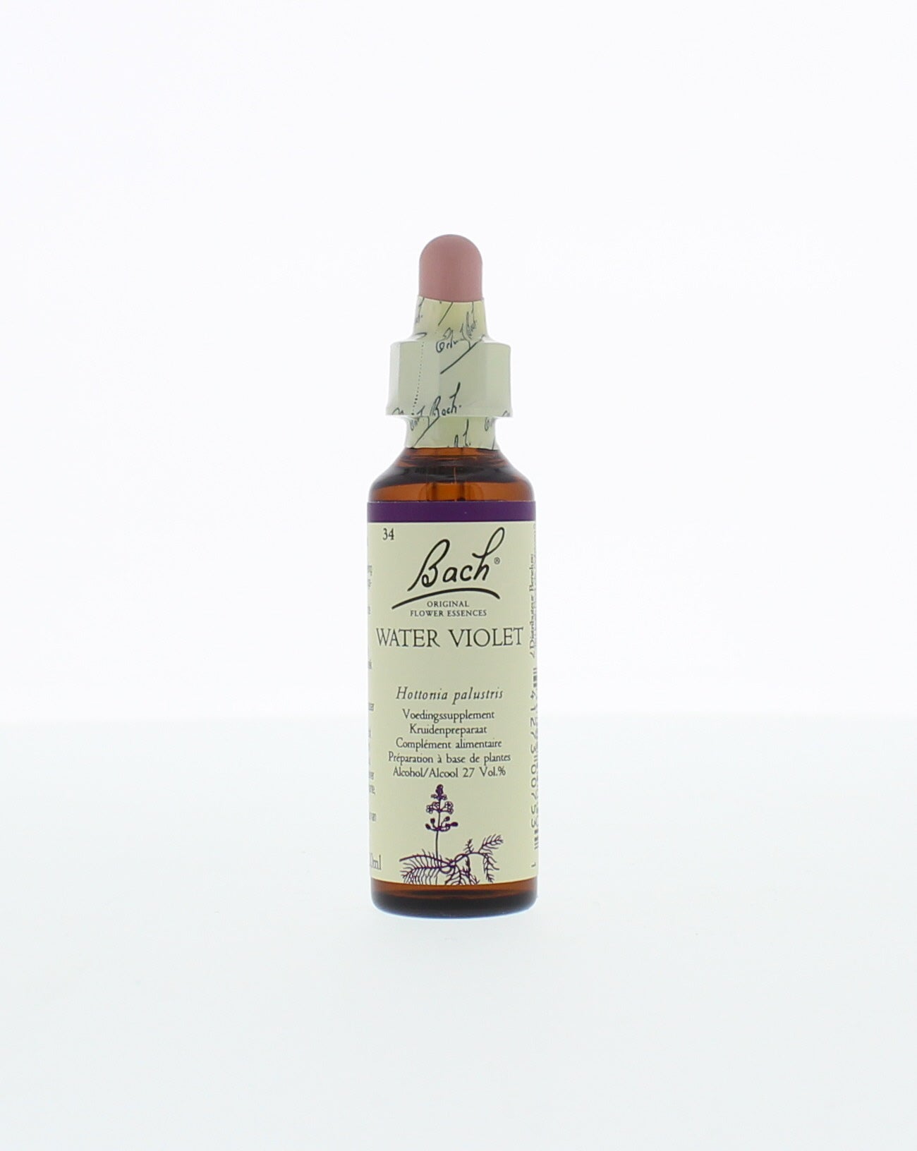 Bach Water Violet herbal remedy in 20ml bottle, natural herbal preparation from Bach brand, with violet-colored liquid visible.