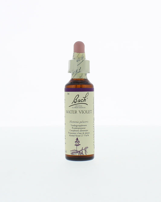Bach Water Violet herbal remedy in 20ml bottle, natural herbal preparation from Bach brand, with violet-colored liquid visible.