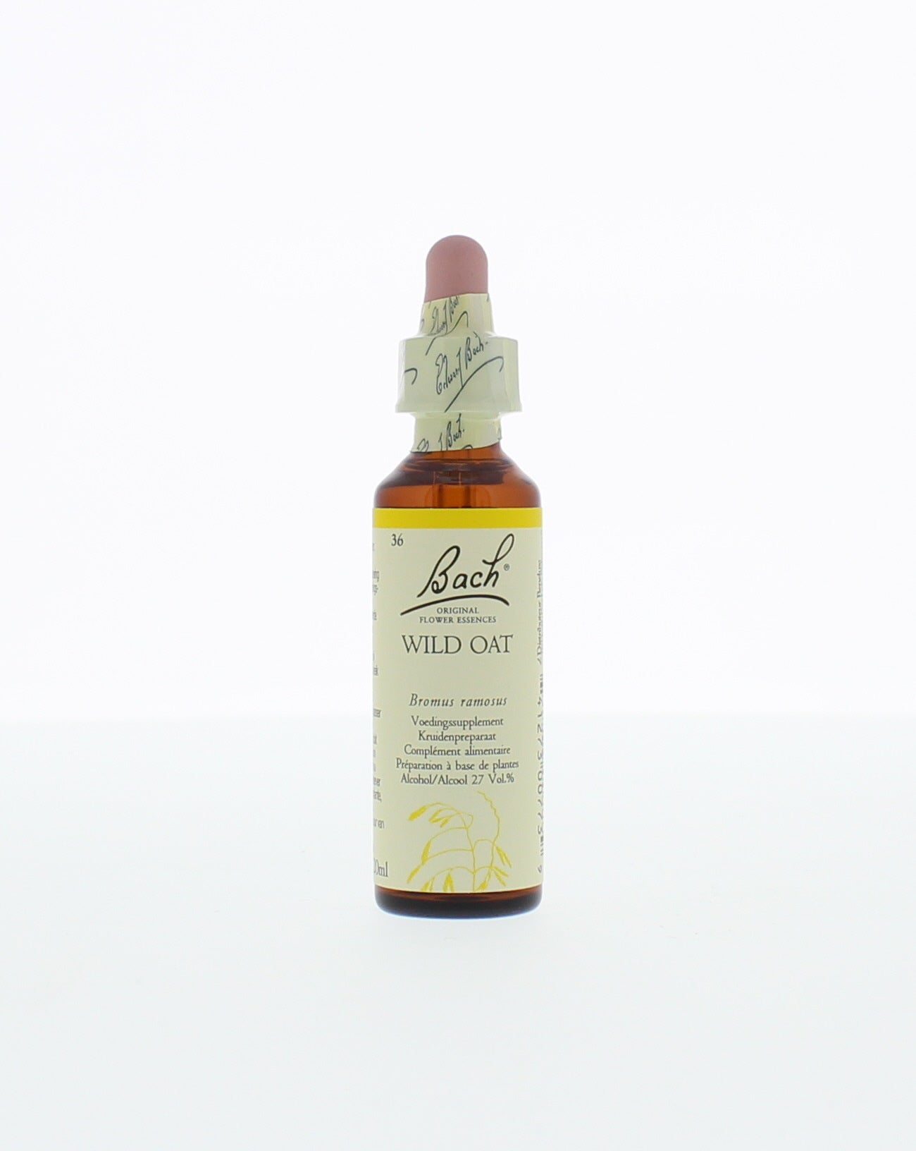 Bach Wild Oat herbal remedy bottle, 20ml, showing the label with product and brand information for Bach kruidenpreparaten.