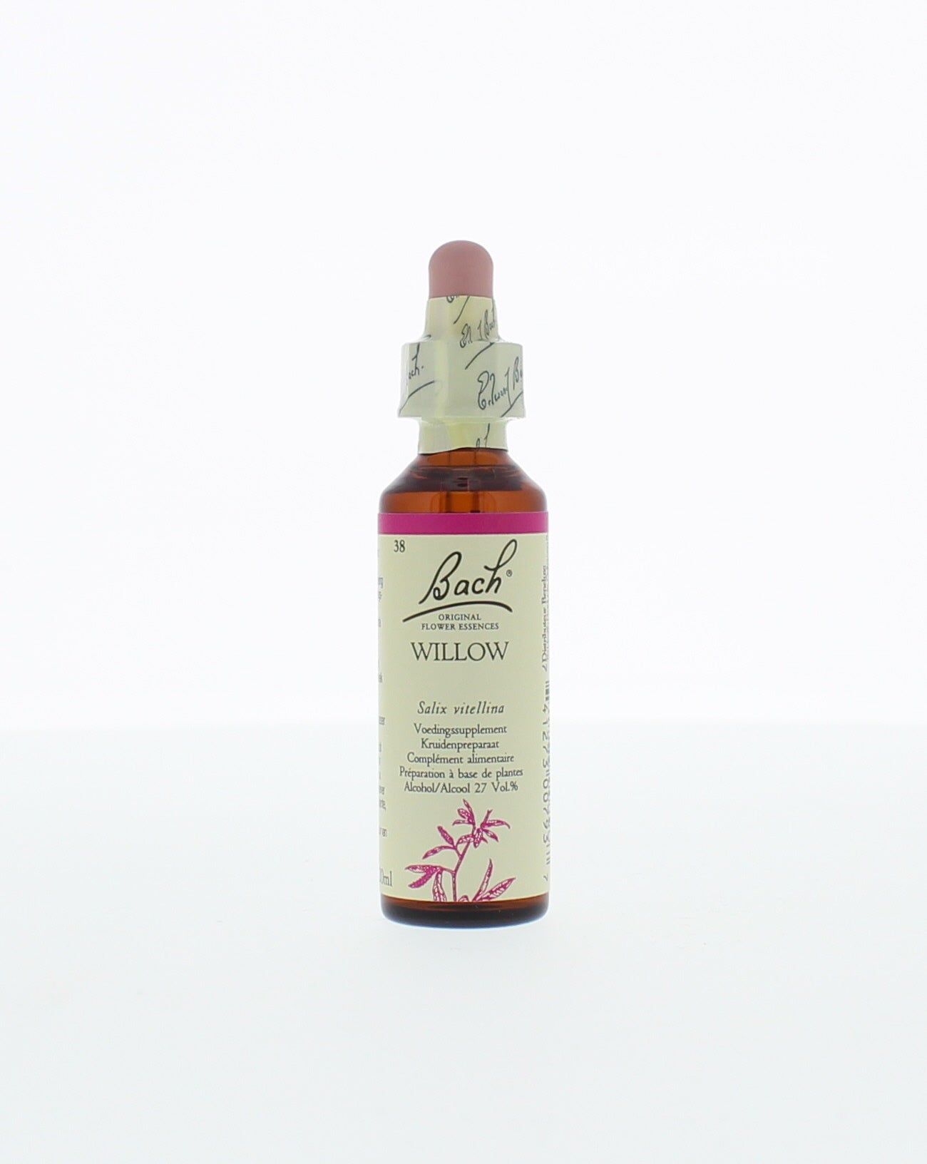 Bach Willow herbal preparation bottle, 20ml, with dropper cap, in front of a plain background.