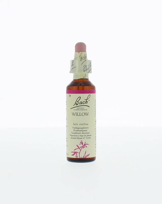 Bach Willow herbal preparation bottle, 20ml, with dropper cap, in front of a plain background.