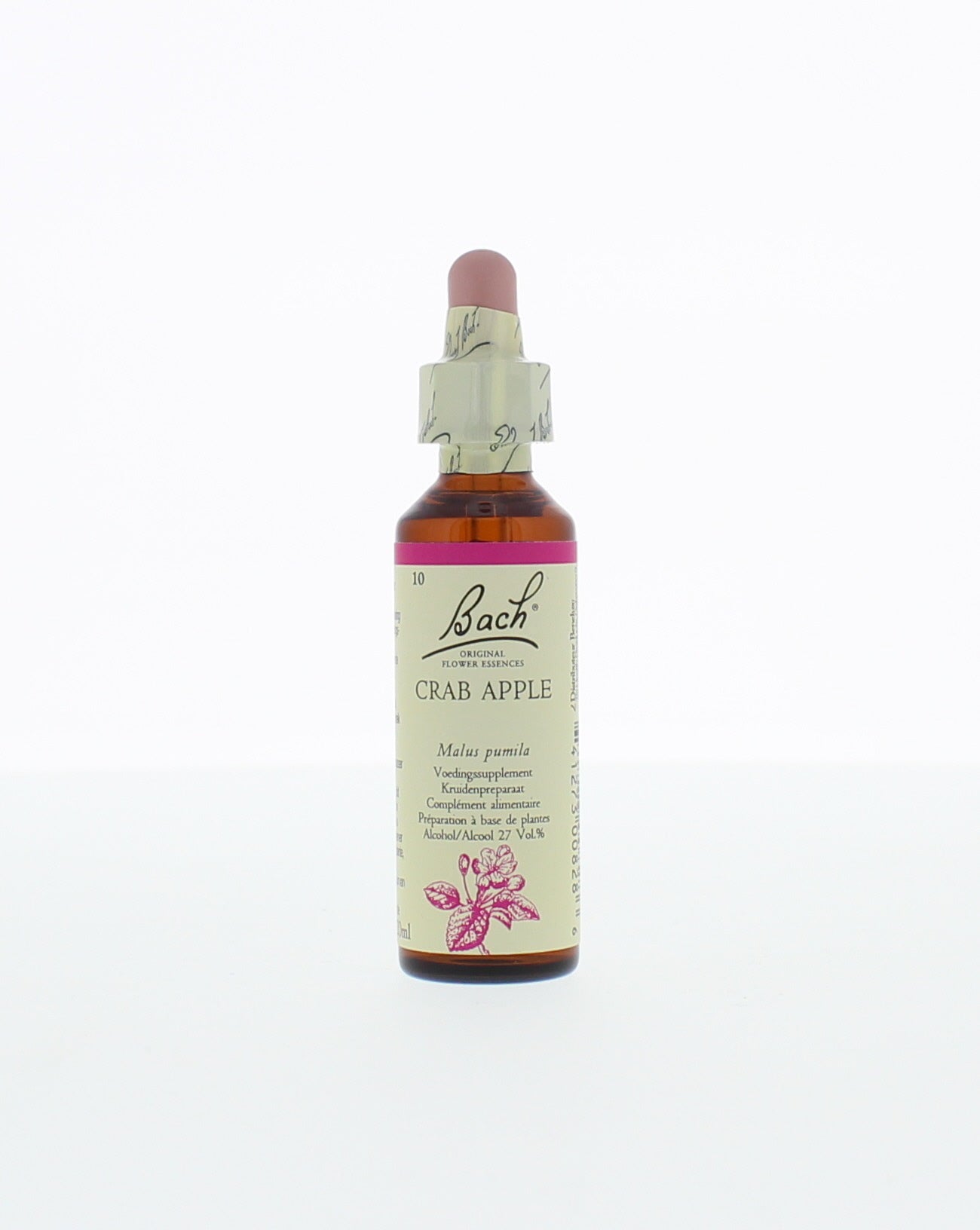 Bach Crab Apple herbal preparation bottle, 20ml, with a label showing herbal ingredients and brand logo.