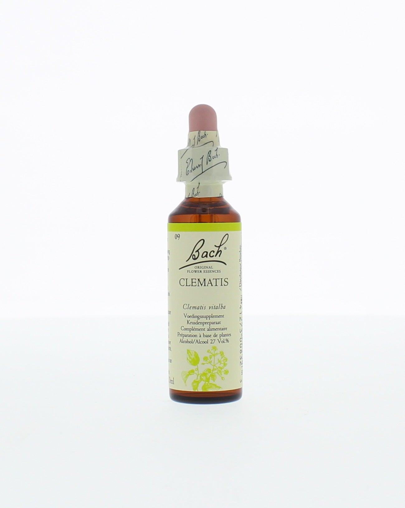 Bach Clematis herbal preparation in a 20ml bottle, part of Bach Kruidenpreparaten line, with label and clear glass bottle.