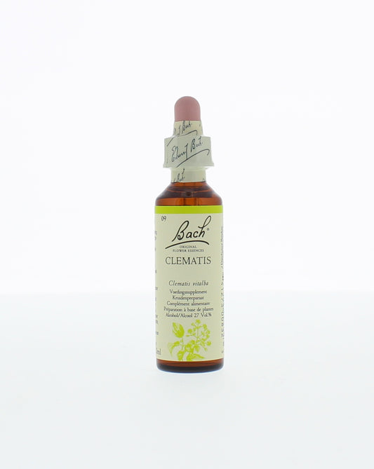 Bach Clematis herbal preparation in a 20ml bottle, part of Bach Kruidenpreparaten line, with label and clear glass bottle.