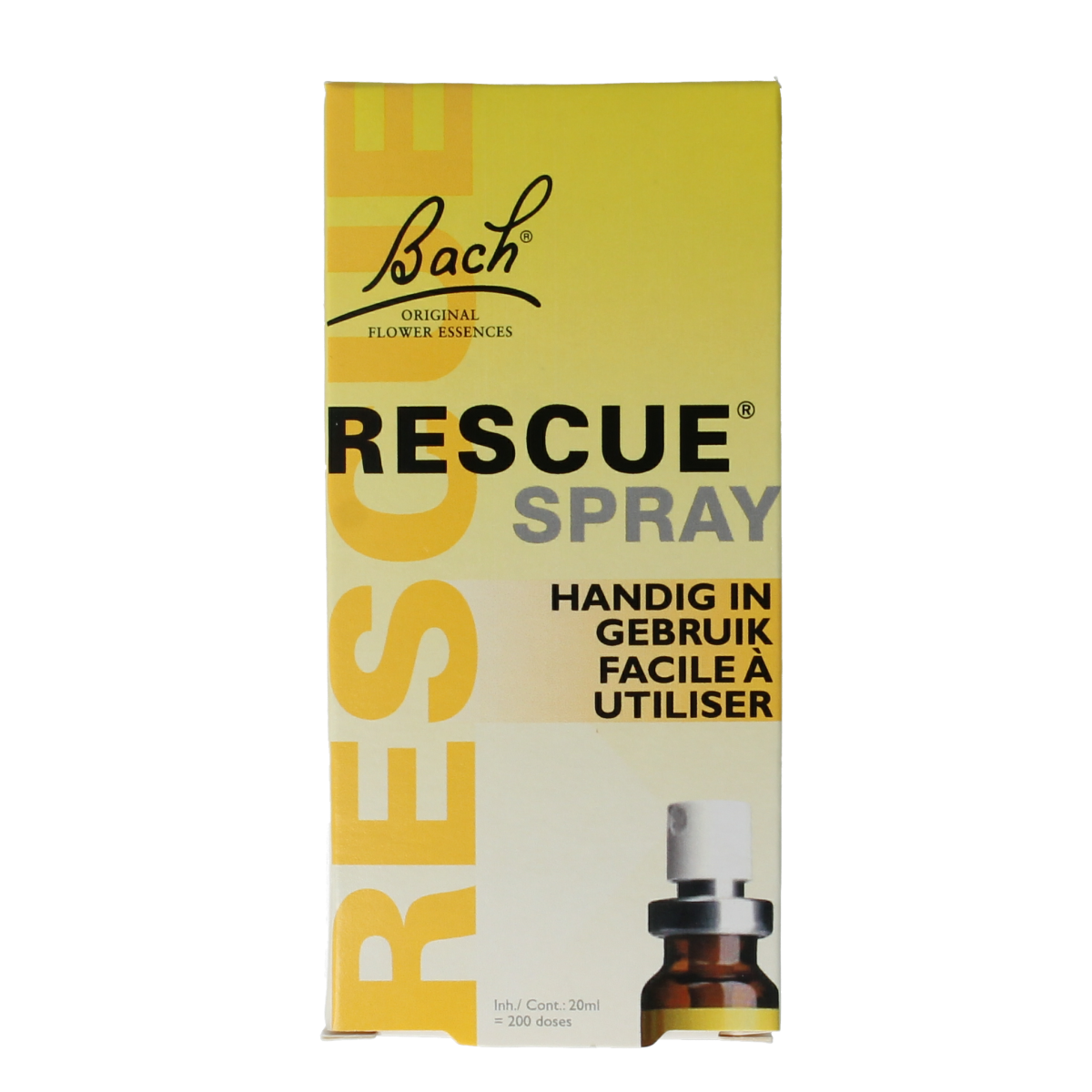 Bach Rescue Rescue Remedy spray 20ml herbal preparation in a clear spray bottle with branding, used for stress relief and relaxation.