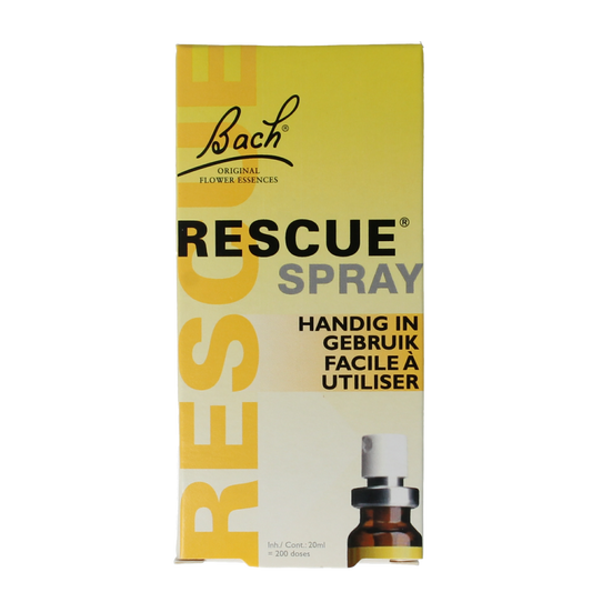 Bach Rescue Rescue Remedy spray 20ml herbal preparation in a clear spray bottle with branding, used for stress relief and relaxation.