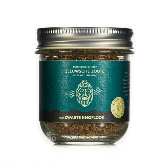 Zeeuwsche Zoute black garlic sea salt in glass jar, organic Zeeland kruiden and zout mix, 100 grams