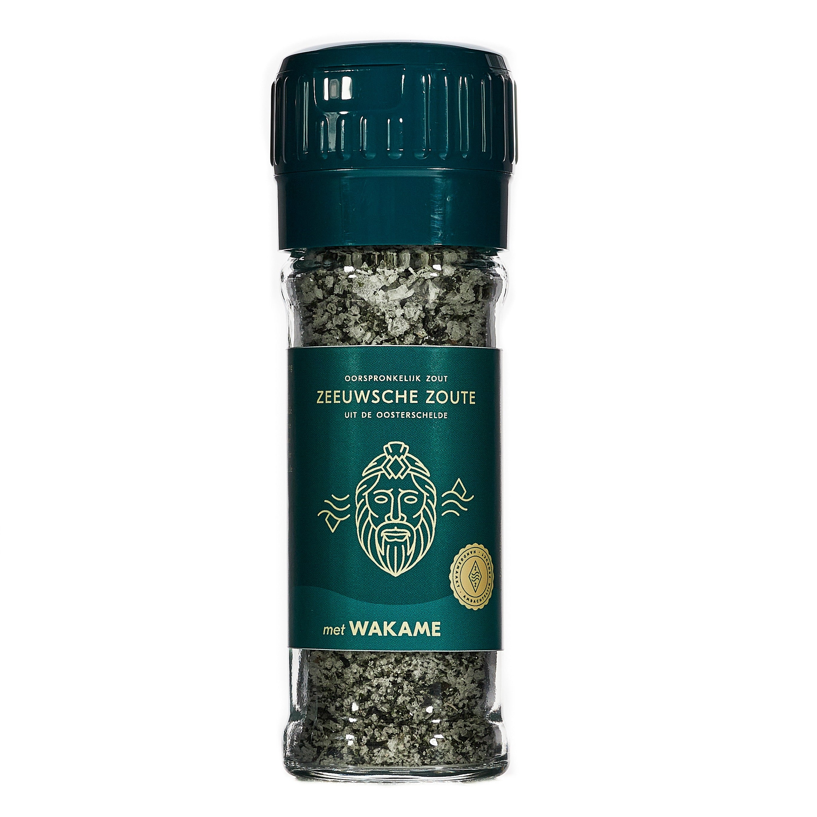 Zeeuwsche Zoute Zoutmolen with wakame seaweed, 50g, featuring premium salt and dried wakame for culinary use.