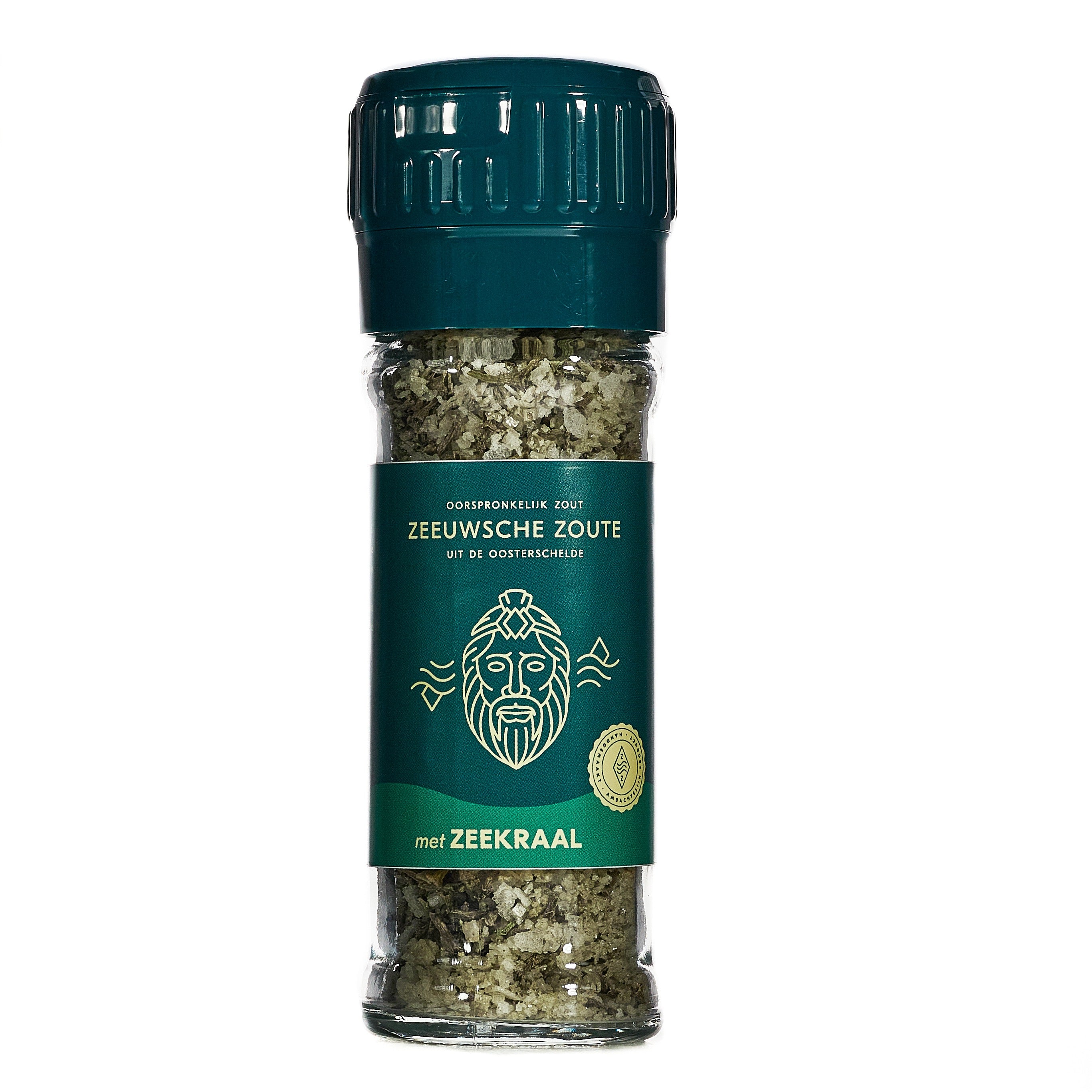 Zeeuwsche Zoute Zoute zout met zeekraal in 55g verpakking, kruiden en zoutmengsel with seaweed on a rustic background