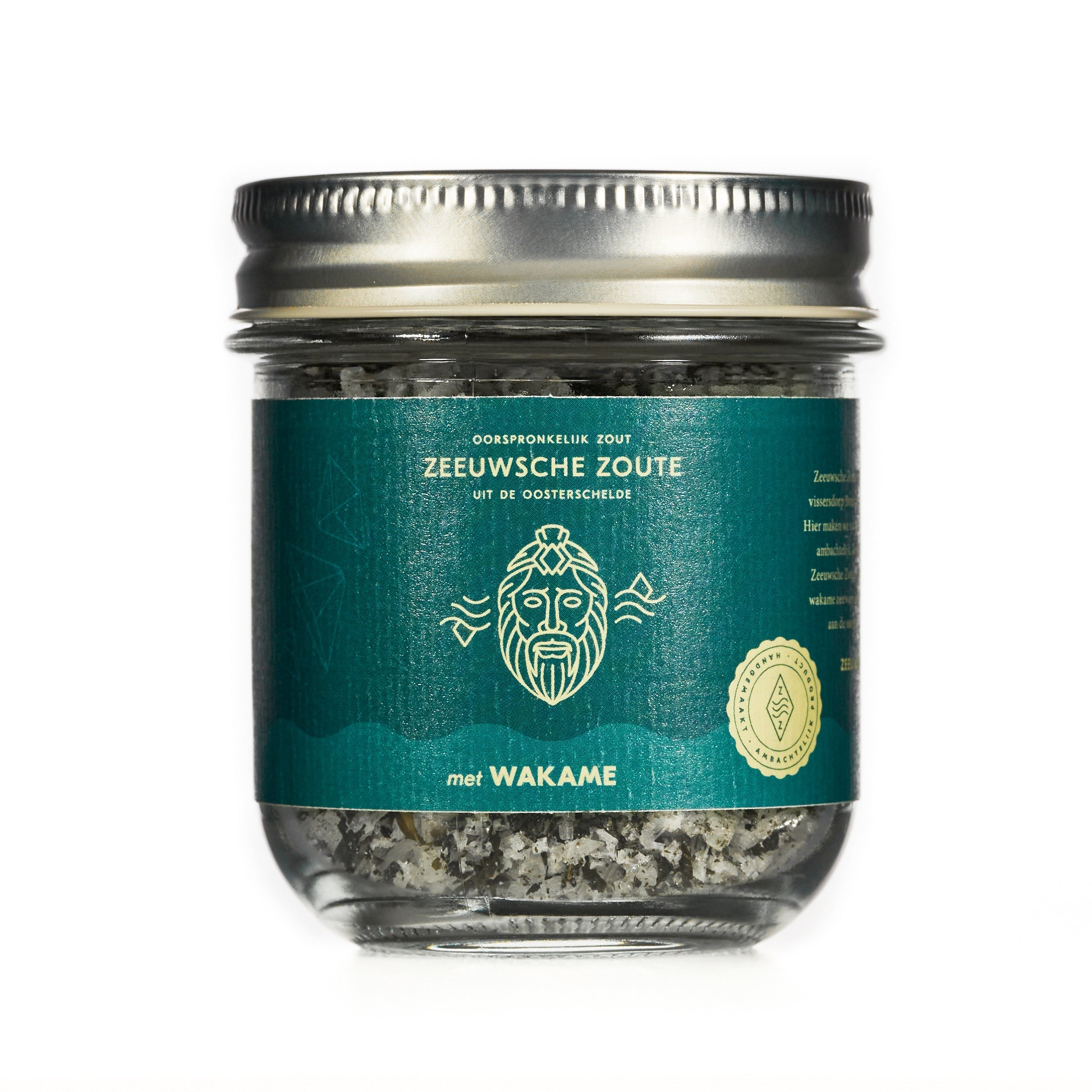 Glass jar of Zeeuwsche Zoute Zout met wakame, organic sea salt with seaweed, 100g, in a clear container.