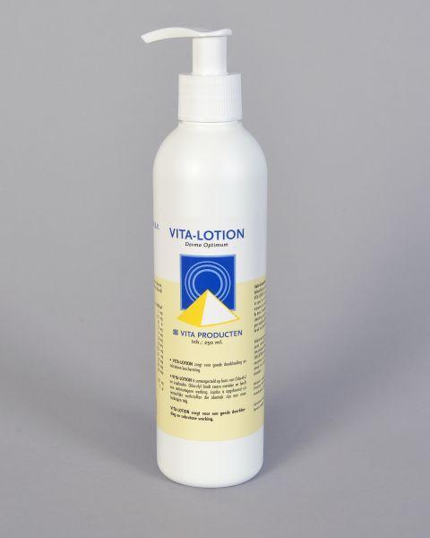 Vita lichaamsverzorging lotion bottle, 250ml, with a smooth white and pink design, for nourishing skin care.