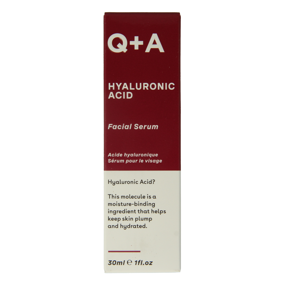 Q+A Hyaluronic acid facial serum in 30ml bottle, hydrating skincare product for facial care, with clear dropper applicator.