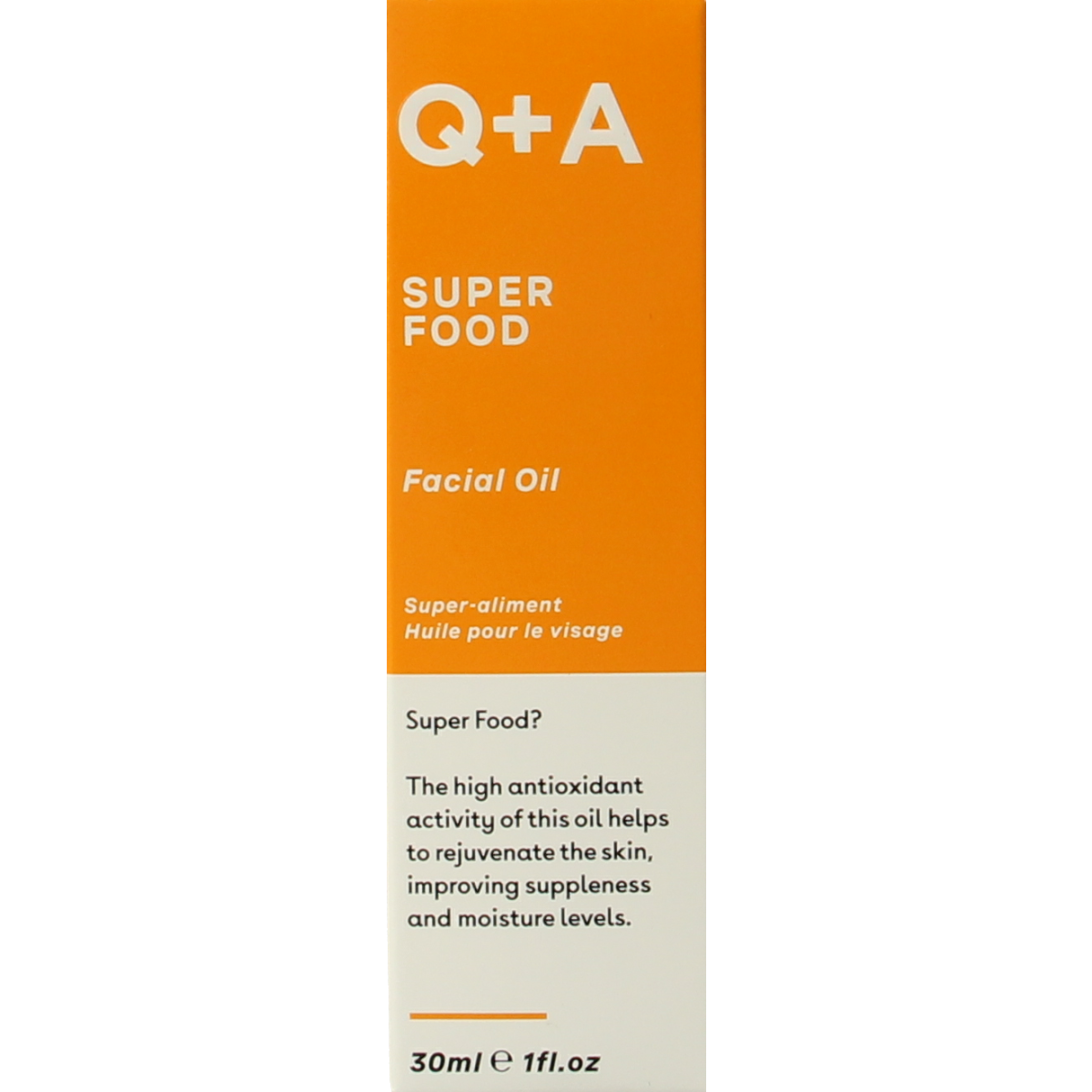 Q+A Superfood facial oil in 30ml bottle, featuring a dropper applicator for nourishing skincare.