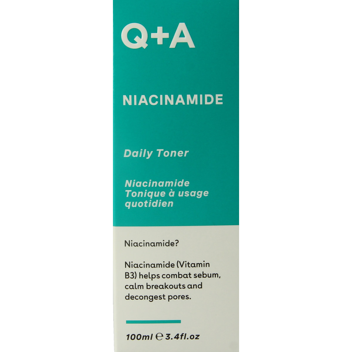 Q+A Niacinamide daily toner in a 100ml bottle, featuring clear liquid and white cap, for facial skincare.