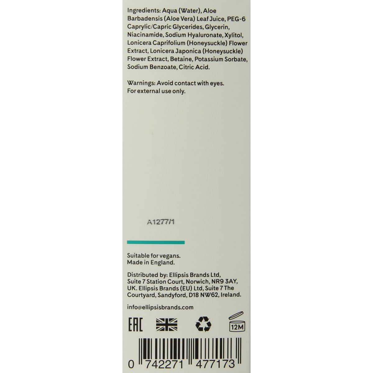 Q+A Niacinamide daily toner bottle, 100ml, facial skincare product with clear liquid in a white and blue bottle.